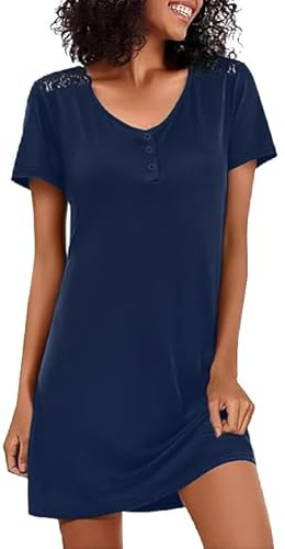 Jahetuul Camicie da Notte da Donna Estiva con Collo a V Camicie da Notte Cotone Aperta Davanti con Bottoni Maniche Corte Pigiama Pizzo