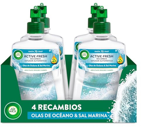 Air Wick Active Fresh Spray Automatico Sin Aerosol - Ambientador para casa con aroma a Olas de Océano y Sal Marina - Pack de 4 Recambios (228mlx4)