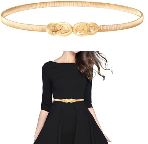 TIESOME Metall Goldgürtel für Damen, Verstellbarer Schmaler Taillengürtel Gürtel Damen Gold Stretch Goldener Gürtel Mode Slim Kleid Cinch Taillengürtel