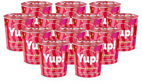 Yup! Berries & White Chocolate Instant Porridge Pots With Granola. Instant Pot Multipack 12 x 65g Pots On The Go. Healthy Snacks Great Source Of Protein & Fibre. Suitable for Vegetarians