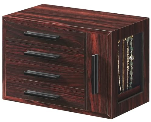 HOOBRO Caja Joyero, Organizador de Joyas de 4 Niveles de Madera con Ventana Transparente, Caja de Joyas para Pendientes, Collares, Anillos, Nogal oscuro y Negro
