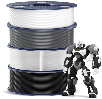 SUNLU 4KG PETG Filament Bundle, Verbesserte Zähigkeit Hohe Schlagfestigkeit 3D Druckerfilament, für die Meisten FDM 3D Drucker, 1kg pro Spule, 4 Rollen, Schwarz+Weiß+Grau+Transparentweiß