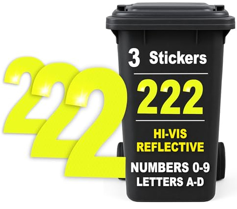 Rubigo 3PK Hi Vis Bin Numbers for Wheelie Bins – 0-9, Letters A-D, 17cm Reflective Dustbin Stickers – Easy Application Neon Yellow Stick On Number Stickers - Weatherproof Self Adhesive Vinyl (2)