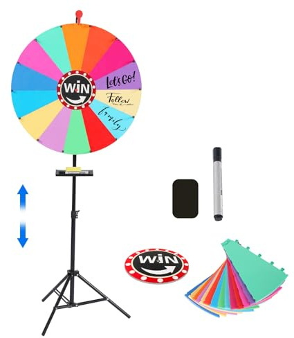 Rueda giratoria de 61 cm, rueda de la suerte con trípode, 14 ranuras de colores, soporte ajustable de 100 a 160 cm, juguete de la rueda de la suerte con goma de borrar y marcador, juego de garabatos