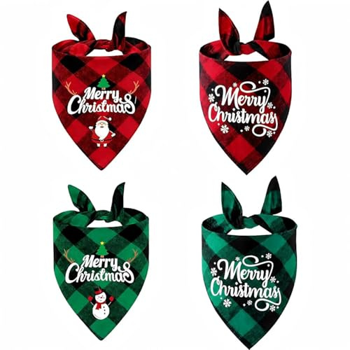 Bandana Chien Noël 4 pièces Foulard Double Face Rouge Vert Accessoires Petit Chat Bandana déguisement fête Photo