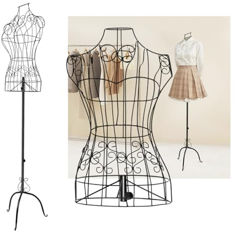 Metall Schneiderpuppe Schwarz - Höhenverstellbare 140-160cm Vintage Kleiderpuppe mit Dreifuß-Ständer - ideal als weibliche Schaufensterpuppe Kleiderständer Bekleidungsgeschäfte Schneidereien