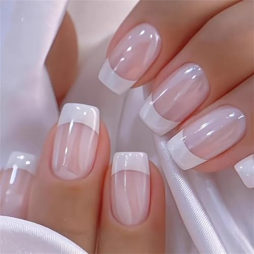 Square False Nails Short, 24Pcs White Fake Nails, French Tip Fake Nails, Glossy Solid Colour French Nail Tips with Nail Glue for Women Girls, Full Cover Ballerina Acrylic Nails with Nail File