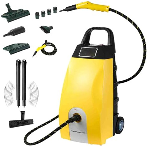 Pulitore a Vapore Multiuso Ad Alta Pressione E Temperatura Da 3000 W - Emissione Di Vapore Continua Con 9 Accessori per Pavimenti, Tappezzeria, Auto, Cappa Aspirante, Condizionatore D'aria Yellow
