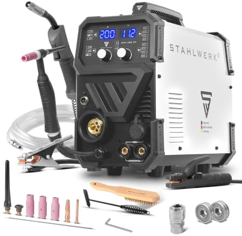 STAHLWERK Poste à souder combiné 3-en-1 MTM-200 ST – Inverter combiné pour TIG, MIG/MAG, MMA jusqu'à 200 A, dévidage synergique, entraînement 4 galets, compatible fil fourré, acier, tôles fines