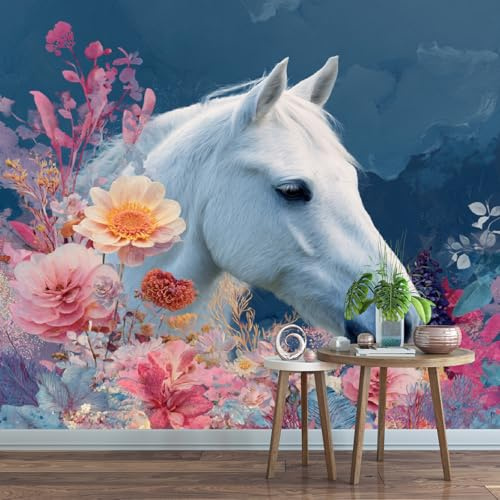 Carta da parati murale personalizzata Cavallo Bianco 3D 250 x 175 cm Fiori Fotomurali，Soggiorno Studio Biblioteca Sfondo Rivestimento Parete Decorazione Casa Affresco