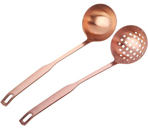 Buyer Star 2 Pcs Soup Ladle Colander, Rose Gold Frosting Flatware Cookware Serving Long Handle Steel Slotted Spoon Cooking Utensil Set for Hotpot?18/10 Stainless Steel