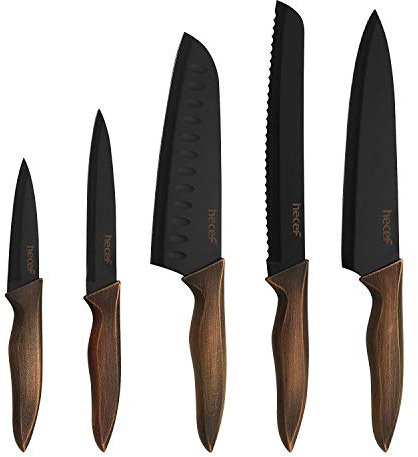 hecef 5 Piezas Cuchillos Cocina Profesional, Set Acero Inoxidable Negro, Cuchillo Chef para Pan, Santoku, Cuchillo Multifuncional, de Pelar