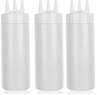 beyonday 3pcs Seasoning Squeeze Bottles, 3 Hole Ketchup Mustard Dressing Squeeze Squirt Bottles, Salad Sauce Condiment Cream Squeeze Bottles for Kitchen Restaurant Bakery(24oz, White)