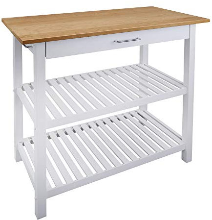 Isla de cocina con parte superior de madera maciza, color blanco y cerezo natural