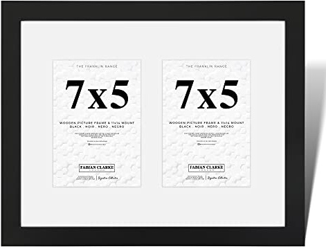 Fabian Clarke London Modern 14x11 Picture Photo Frame with White Mount For Two 7x5 Photos Multi Aperture Wood Moulding (Black)