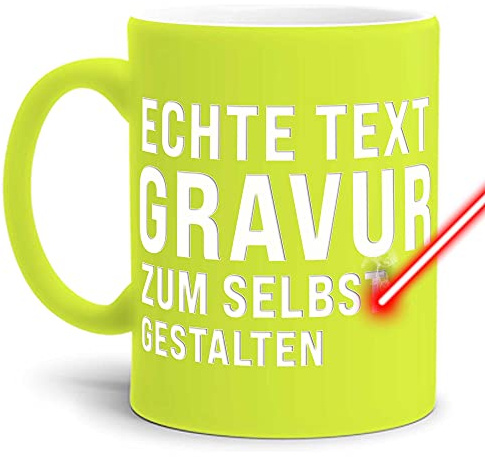 Neon Tasse mit Gravur selbst gestalten - mit eigenem Wunschtext oder Wunschname gravieren - Hochwertige Keramiktasse matte Oberfläche in Neon-Gelb, 300 ml | Personalisiert