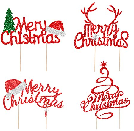 Christmas Cake Toppers, 4Pcs Red Glitter Xmas Cake Toppers Merry Christmas Cake Decoration Toppers