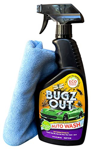Bugz Out Car Bug Cleaner, Remover & Wash - Spray Bugs, Tar, Bird Poop Off Exterior of Car & Windshield. Remove Black Streaks Without Scratching or Removing Paint. 24 oz bottle w/ Microfiber Cloth