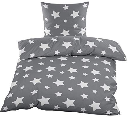 YOUNG DA – Fleece Bettwäsche Sterne Weiß Grau, Microfaser Taupe Flausch Thermofleece, 2tlg.Set Bettbezug 135x200 cm Kissenbezug 80x80 cm