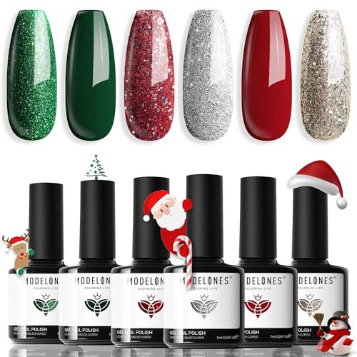 Modelones Esmaltes Semipermanentes para Uñas en Gel, Rojo Verde Brillante Navidad 6 Colores Kit Pintauñas Semipermanentes Uñas de Gel UV LED en Gel Nail Polish Esmalte Uñas para Manicura