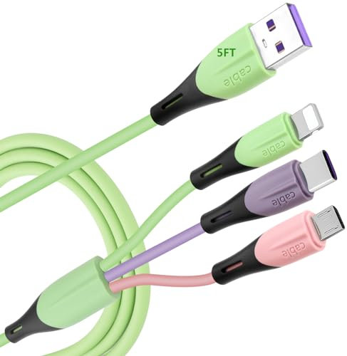 Multi Charging Cable 2Pack 5FT, 3 in 1 3A Multiple USB Fast Charger Cable Adapter Lightning/Type C/Micro USB Port, Compatible with iPhone/Samsung Galaxy/Pixel/LG/Tablets and More (Light Green)
