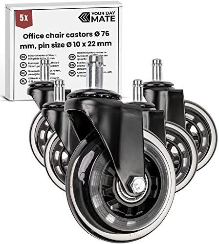 Bürostuhlrollen Set, 5 Stück, Stiftgröße Ø 10 x 22 mm, kompatibel mit IKEA und Topstar Stühlen, Ø 76 mm Rollen, leise Hartbodenrollen, Stuhlrollen für Hart- und Teppichboden, Ersatzrollen bis 300 kg