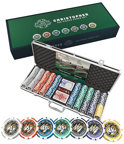 Bullets Playing Cards | Pokerkoffer Deluxe „Christopher“ mit 500 Plastik Pokerchips 12g | Pokerset mit Karten, Würfeln, Dealer Button & Regeln für Texas Holdem
