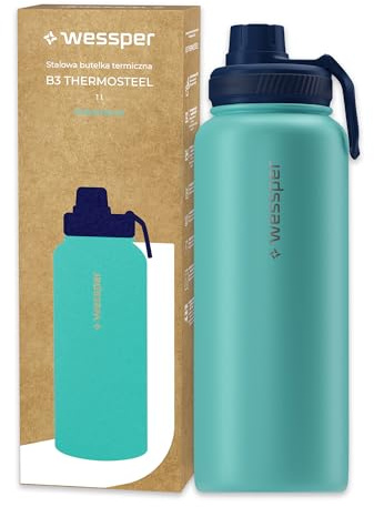 Wessper Botella Agua Acero Inoxidable 1L Botella Termica Sin BPA con 3 Tapones | Marina Elegante Botella Resistencia al Rayado, fácil de Limpiar | Termo Agua Fria/Caliente para Niños Adultos
