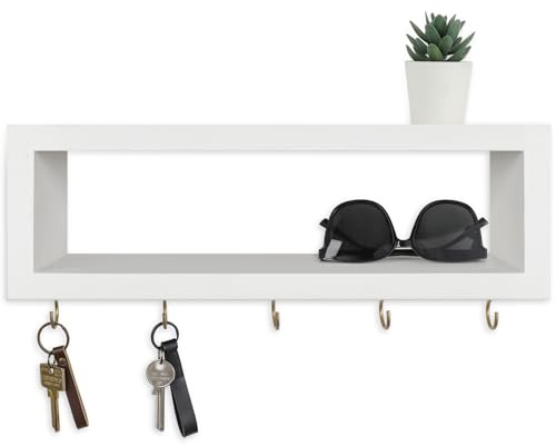 Lwenki Wall Shelf with Hooks - Decorative Key and Wallet Holder for Wall Holds Sunglasses, Leashes, Scarves and Lanyards - 15.7 x 5.1 x 2.9 Entryway Organizer Made of Paulownia Wood (White)