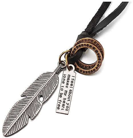 COOLSTEELANDBEYOND Retro-Stil Gealtertes Silber Feder Anhänger Herren Damen Halskette mit Verstellbaren Schwarz Lederband