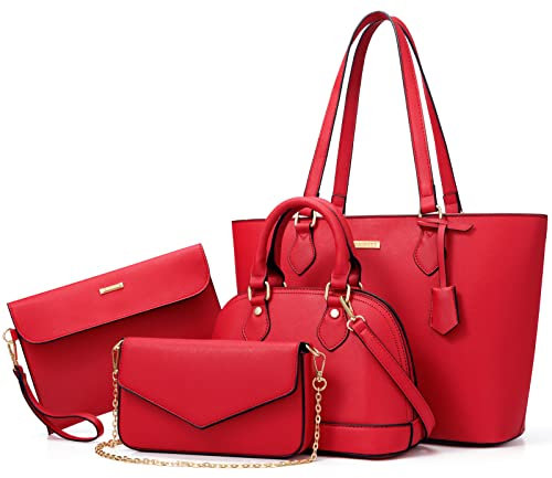 Bagsure Handtasche Damen Schultertasche Handtaschen Tragetasche Damen 4-teiliges Set für Büro Schule Einkauf Reise Geschenk (Rot)