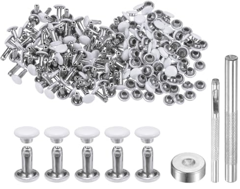 sourcing map 100 Sets Leather Rivets 6mm x 8mm Metal Double Cap Rivet Snaps Studs Fasteners with 3pcs Setting Tools Rivets for Leather Craft DIY Decoration, White