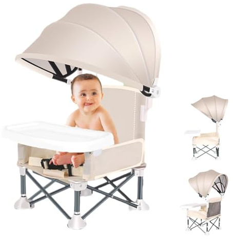 Little Bean Rehausseur Chaise Pliable Et Portable Pour Bebe Enfants Avec Plateau Amovible Pour Voyage et Repas Siège Pour Intérieure/extérieure (Beige)