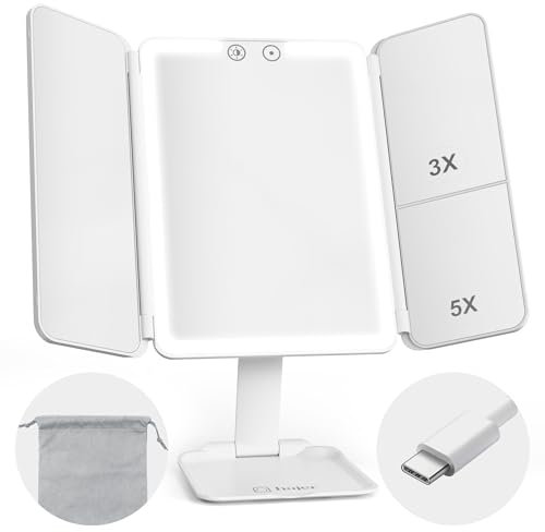 hajer Specchio da trucco luminoso a LED + custodia per il trasporto, ingrandimento 1X/3X/5X, 3 modalità di illuminazione, touch e ricaricabile USB-C con batteria al litio. Specchio portatile