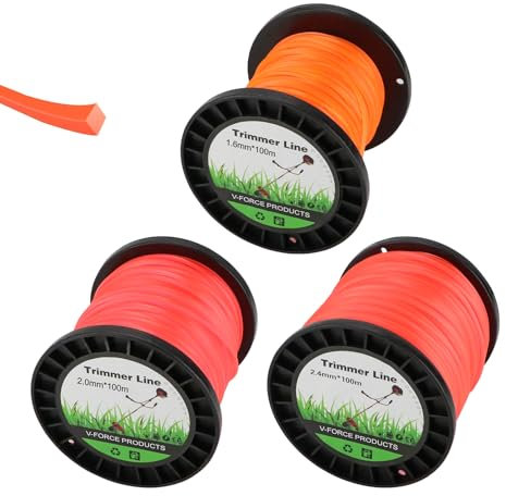Homvvi String Strimmer Line Total 300m - Heavy Duty Strimmer Cord 1.6mm, 2.0mm, 2.4mm, Orange Square Nylon Strimmer Line Wire, Universal Strimmer Wire for Grass Trimmers and Brushcutters