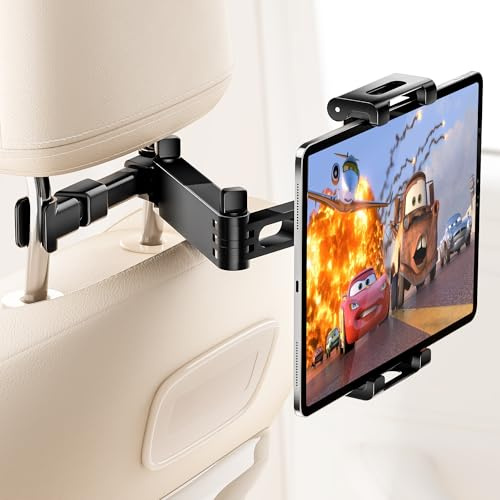 BKWITY Car Headrest Tablet Holder, Lockable 3-in-1 Extension Arm Tablet Mount for Car Backseat, 360° Rotation, Fits iPad Pro Air Mini, Fire HD, 4.7-13 Tablets, Road Trip Essentials for Kids