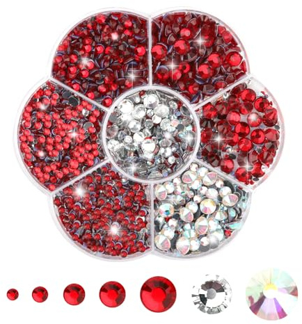 3000PCS Hotfix Strasssteine, Glitzersteine für Textilien 7 Größen 2mm-8.6mm | Kristallsteine zum Basteln Kleben, Rhinestones für Nagel Kunst Kleidung DIY Handwerk, Rot