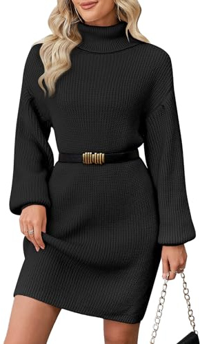 ZLIGXEA 2026 Trendiges Rollkragen pulloverkleid aus geripptem Strick mit Laternenärmeln – Langarm pulloverkleid für Damen Schwarz L