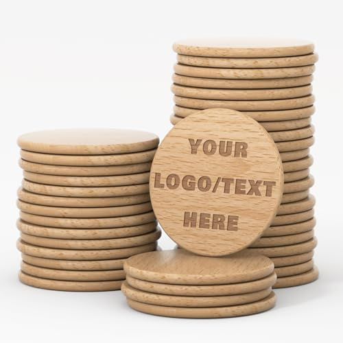 Shueewago Lot de 100 jetons ronds en bois personnalisés, 3,8 cm, pièces en bois pour images de texte, jetons de boissons, petits disques, étiquettes décoratives, gravure laser