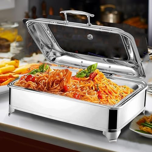 Chafing Dish Elektrisch, 9L Edelstahl Warmhaltebehälter für Essen, Kommerziell Speisewärmer mit Sichtbarem Glasdeckel, Buffetwärmer - Einstellbare Temperatur (0-85℃)(Size:GN1/1)