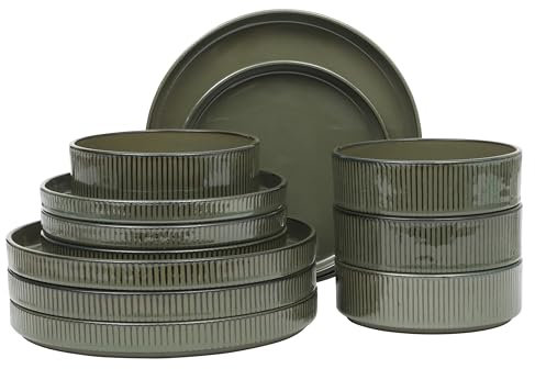 Gibson Elite 12 Piece (Service for 4) Townscape Plates and Bowls Reactive Glaze Embossed Round Dishes Terracotta Ceramic Dinnerware Set - Dark Green