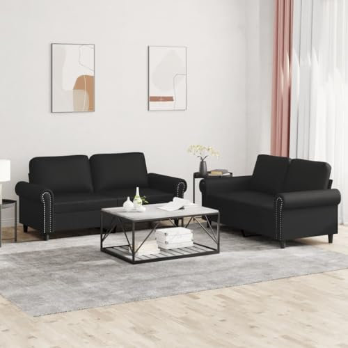 Homgoday 2-TLG. Sofagarnitur mit Kissen Schwarz Kunstleder Wohnzimmersofa Sitzsofa Sofa Couch Loungesofa Gästesofa Polstersofa Couchgarnitur Sitzmöbel für Wohnzimmer Büro