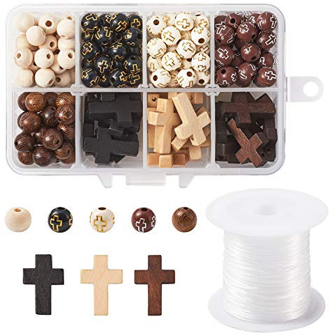 Beadthoven Rosenkranz-Bastelset, Holz-Kreuzperlen, 8 mm, Acryl-Kreuz, runde Perlen, Abstandshalter mit elastischem Faden, Oster-Kruzifix, Kreuz-Anhänger für Armband, Schmuckherstellung, DIY, Basteln,