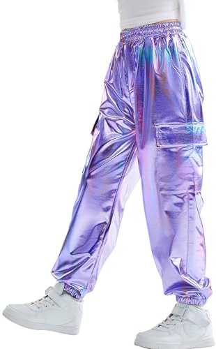 Rolanko Pantalones Cargo Niñas, Dance Hip Hop Pantalones Metálicos Brillantes Cintura Elástica Retro Streetwear, Azul Morado, 8-9 años,140
