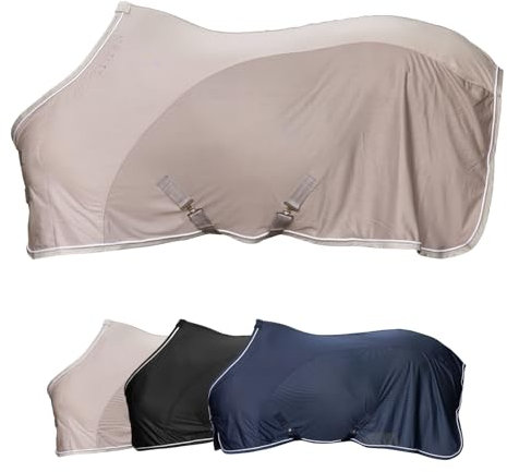 Covalliero - Fliegendecke – Pferdedecke zum Schutz vor Insekten – Decke mit abnehmbaren Kreuzgurten & Schweiflatz – atmungsaktive Weide-, Transport- & Stalldecke – Beige – Größe 125cm