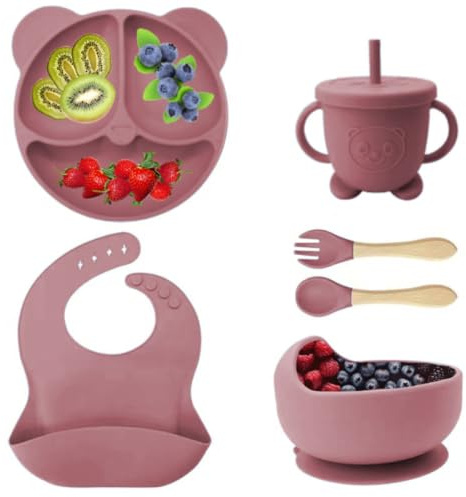 Eliano 6-delat silikonporslin set – BPA-fri – halkfri tallrik och skål, haklapp, dryckesmugg med sugrör och bestick – baby led weaning set (röd)