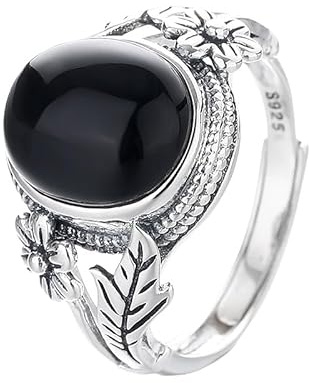 Anello Regolabile Donna Argento 925 Anello In Pietra Di Tormalina Nera Per Donne E Ragazze In Argento Delicato Con Fiore Intagliato Regolabile Fascia Aperta Dichiarazione Gioiello Fatto A Mano Con P