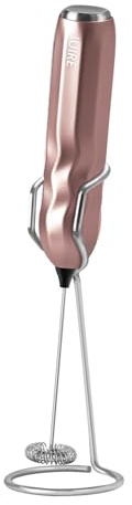 Milk Frother Handheld Battery Operated, Fast Powerful Drink Mixer with Stainless Steel Whisk for Coffee, Matcha, Lattes, Cappuccino (Gold with Stand)