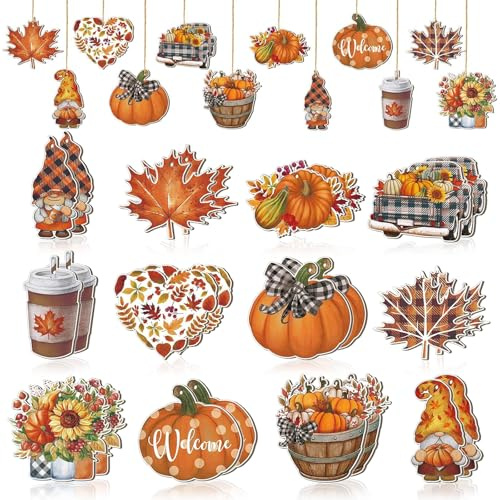 Deko Hänger Herbst Holz 24 Stück Autumn Decor Hänger Herbstdeko Innen Draußen Ahornblatt Wichtel Kürbis Fall Dekoration mit Schnur Thanksgiving Deko