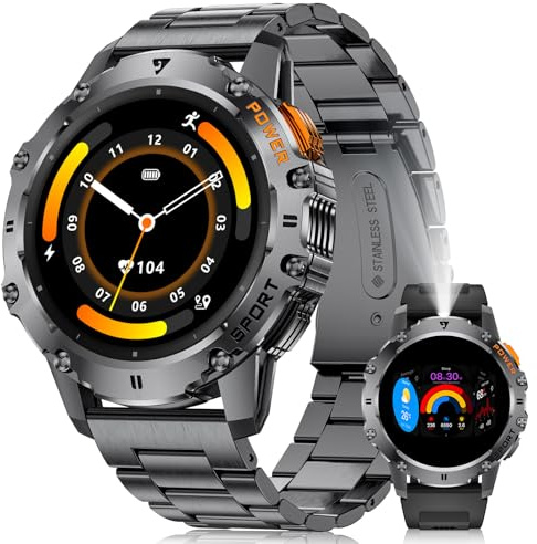 BENYAR SMART Smartwatch Uomo con Torcia per Android iOS, Orologio Sportivo Outdoor 1.43'' AMOLED con 120+ Modalità Sportive, Monitoraggio Battito/Sonno, Impermeabile IP68, Contapassi, 2 Cinturini